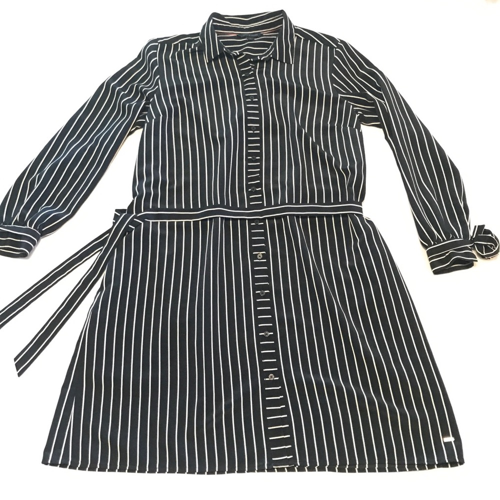 SOLD - Tommy Hilfiger Navy Blue White Pinstripe Collared Button Down Shirt Dress